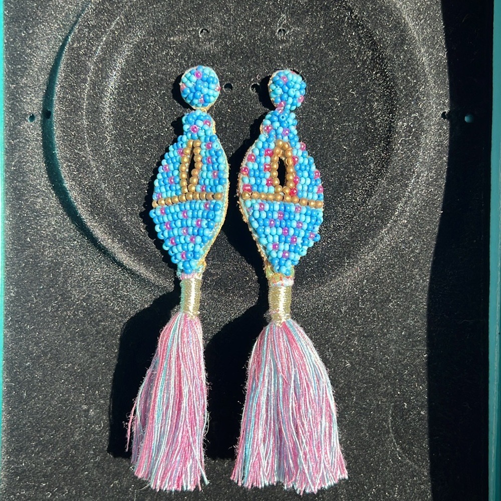 Tassel Drop Earrings Anthropologie Boho Bohemian Blue Gold Purple Beaded Earring - Picture 4 of 4
